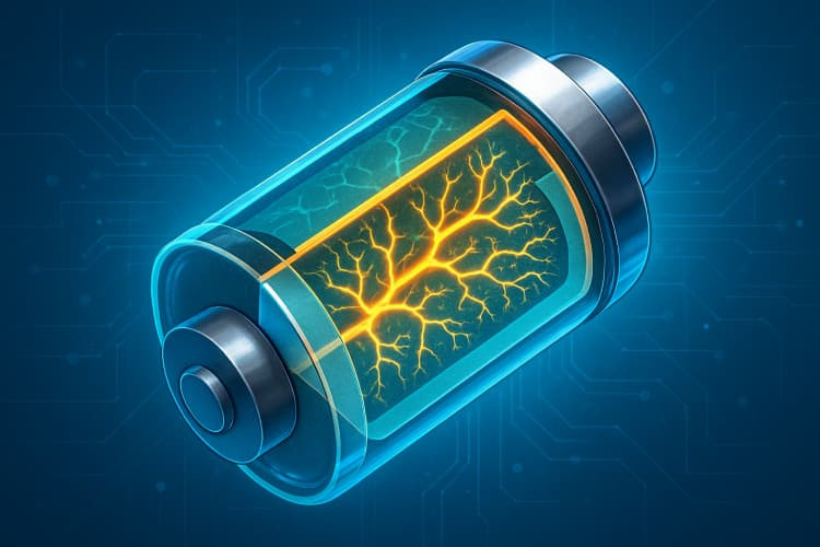 Illustration of a conceptual dendritic-structured nanocomposite capacitor with glowing orange branches inside a transparent cylindrical casing, set against a digital circuit blueprint background