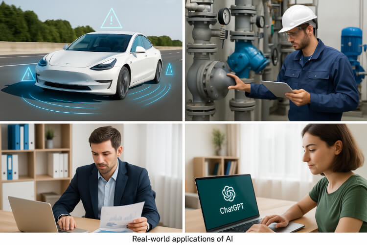 Composite image showing AI applications in autonomous vehicles, industrial predictive maintenance, insurance analytics dashboards, and a user interacting with a chatbot on a screen.